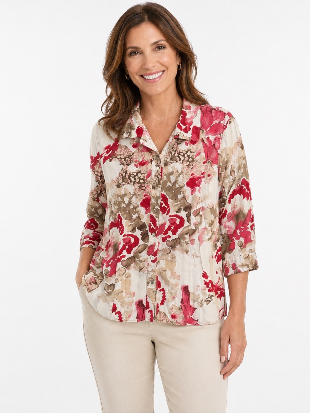 CHICOS WOMENS 3/4 SLEEVE COLORFUL BUTTON DOWN SHIRT SIZE 2